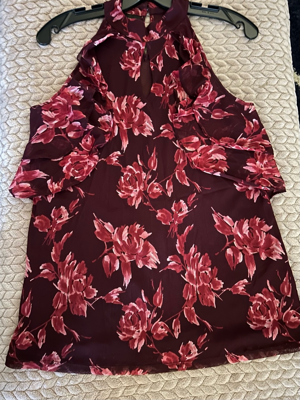 INC International Concepts Burgundy Rose Floral Ruffle TOP  size M Mesh overlay